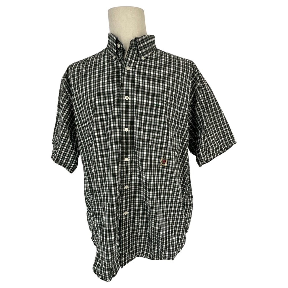 Tommy Hilfiger Men Black White Gingham Short Sleeve Button Down Shirt 2XL Casual